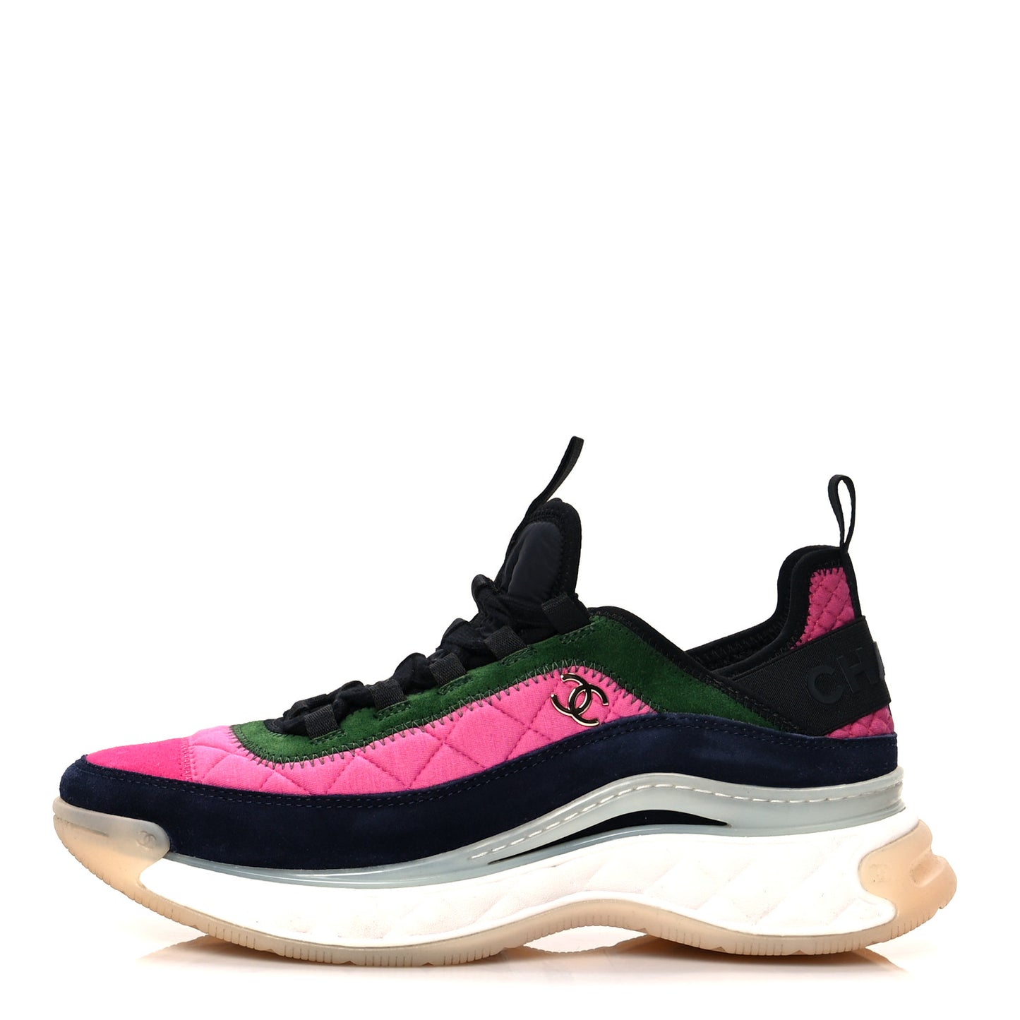 Velvet Calfskin Mixed Fibers CC Sneakers 39.5 Dark Pink Green