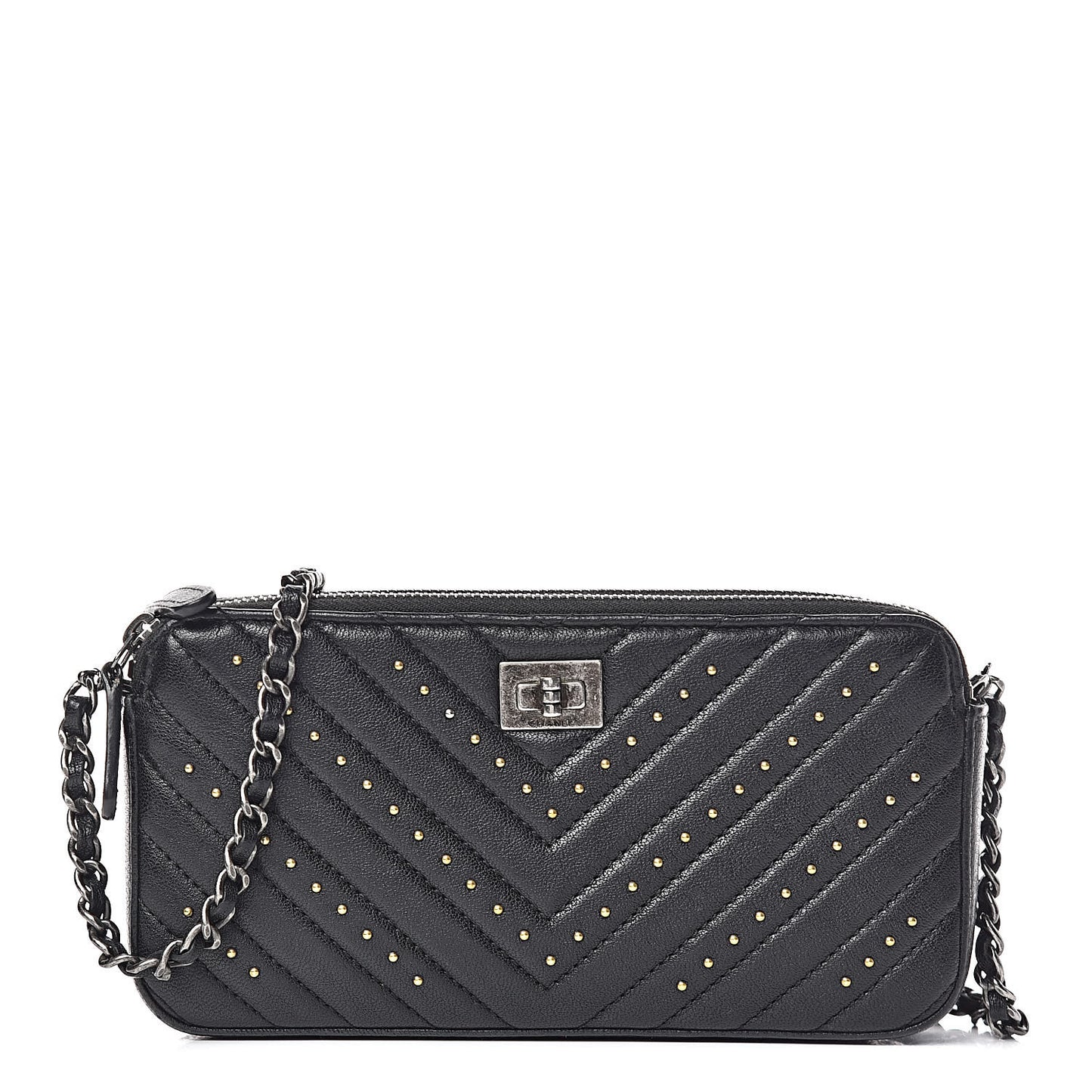 Sheepskin Chevron Quilted Studded Reissue Small Clutch With Chain Black