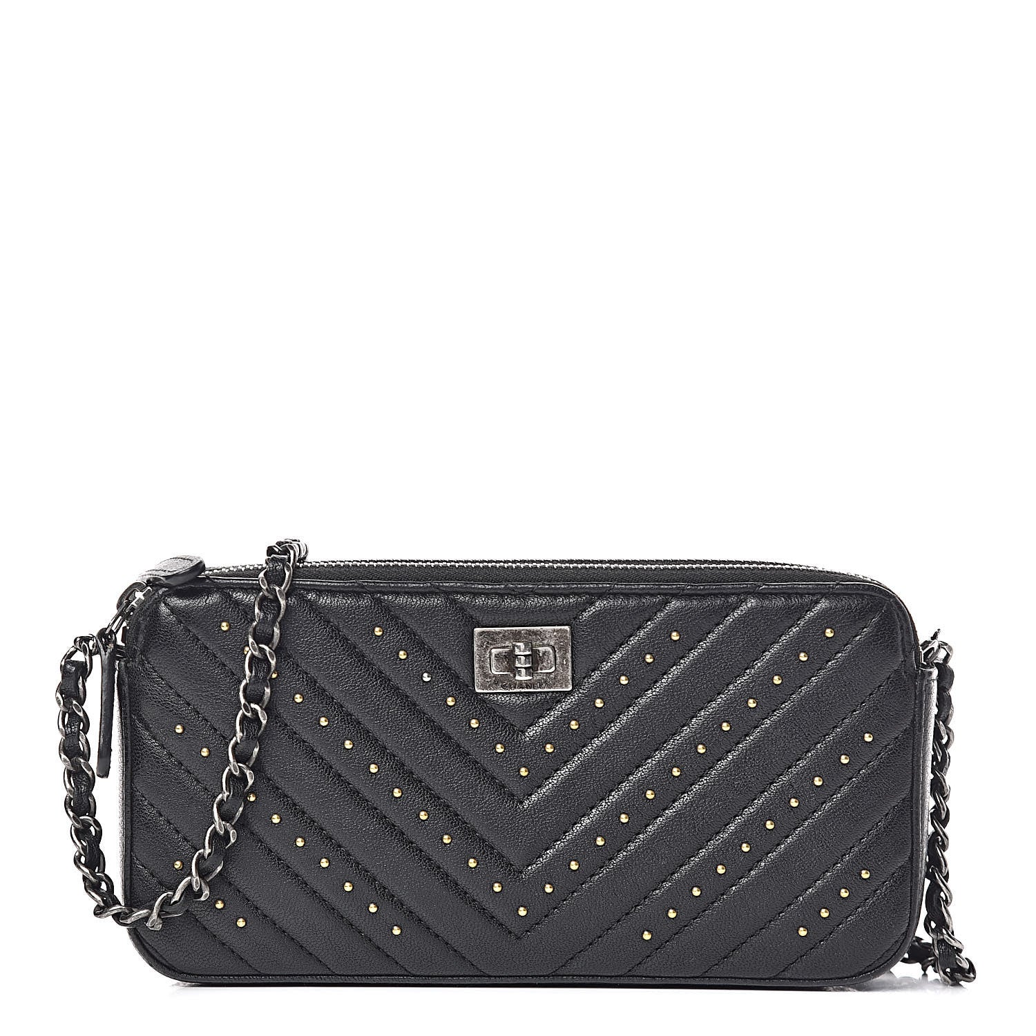 Chanel Sheepskin Chevron Quilted Studded Reissue Small Clutch With Chain Black 1 of 15