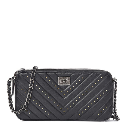 Chanel Sheepskin Chevron Quilted Studded Reissue Small Clutch With Chain Black 1 of 15