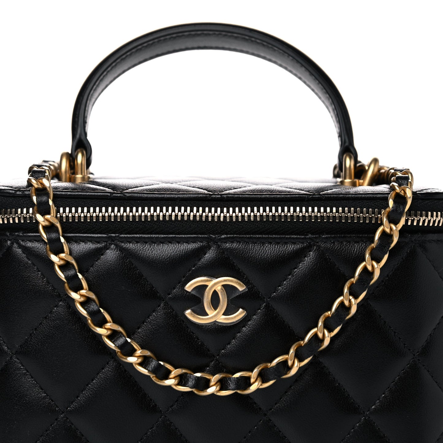 Lambskin Quilted Small Top Handle Vanity Case With Chain Black