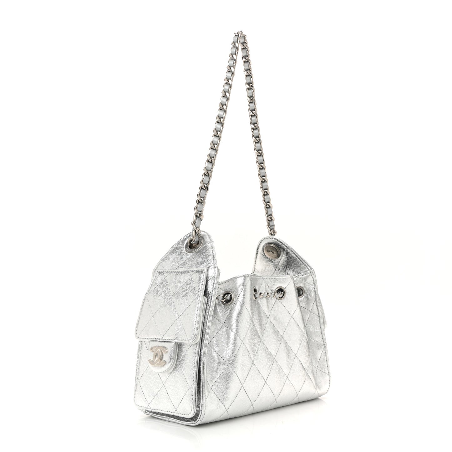 Metallic Caviar Quilted Mini Chanel 25 Handbag Silver