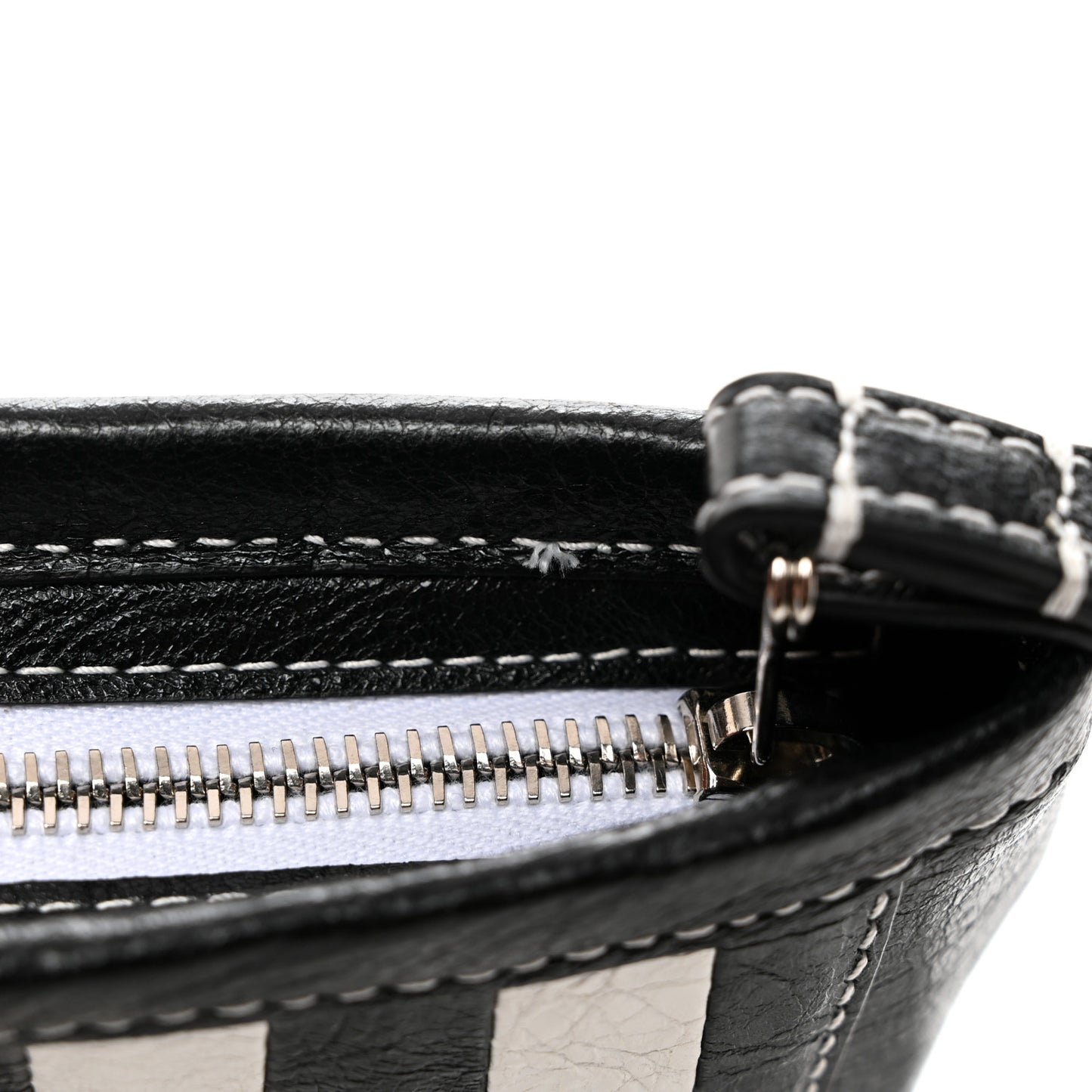 Agneau Arena Striped Patchwork Small Barbes Z Pouch with Handle Black White
