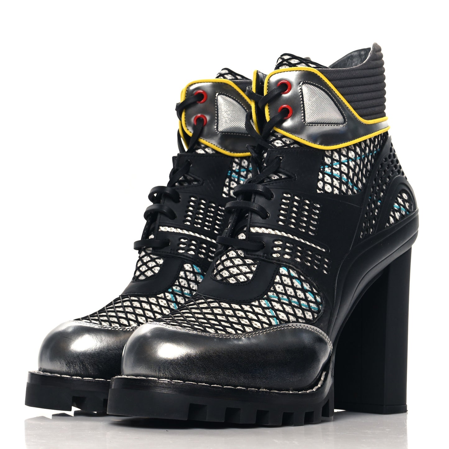 Metallic Calfskin Technical Fabric Digital Gate Ankle Boots 40 Black Silver Multicolor