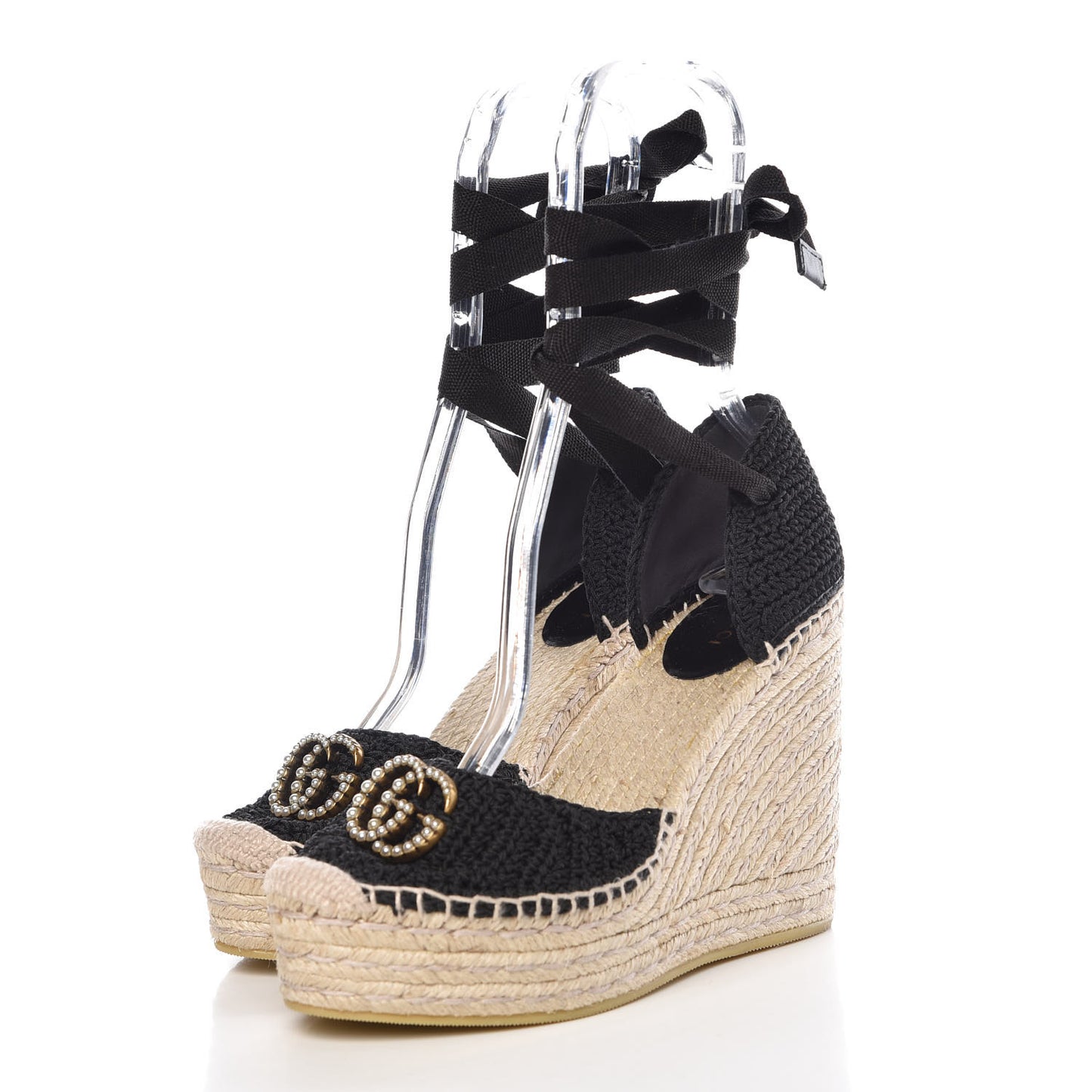 Cotton Crochet Pearly GG Ankle Wrap Platform Espadrille Wedges 37 Black