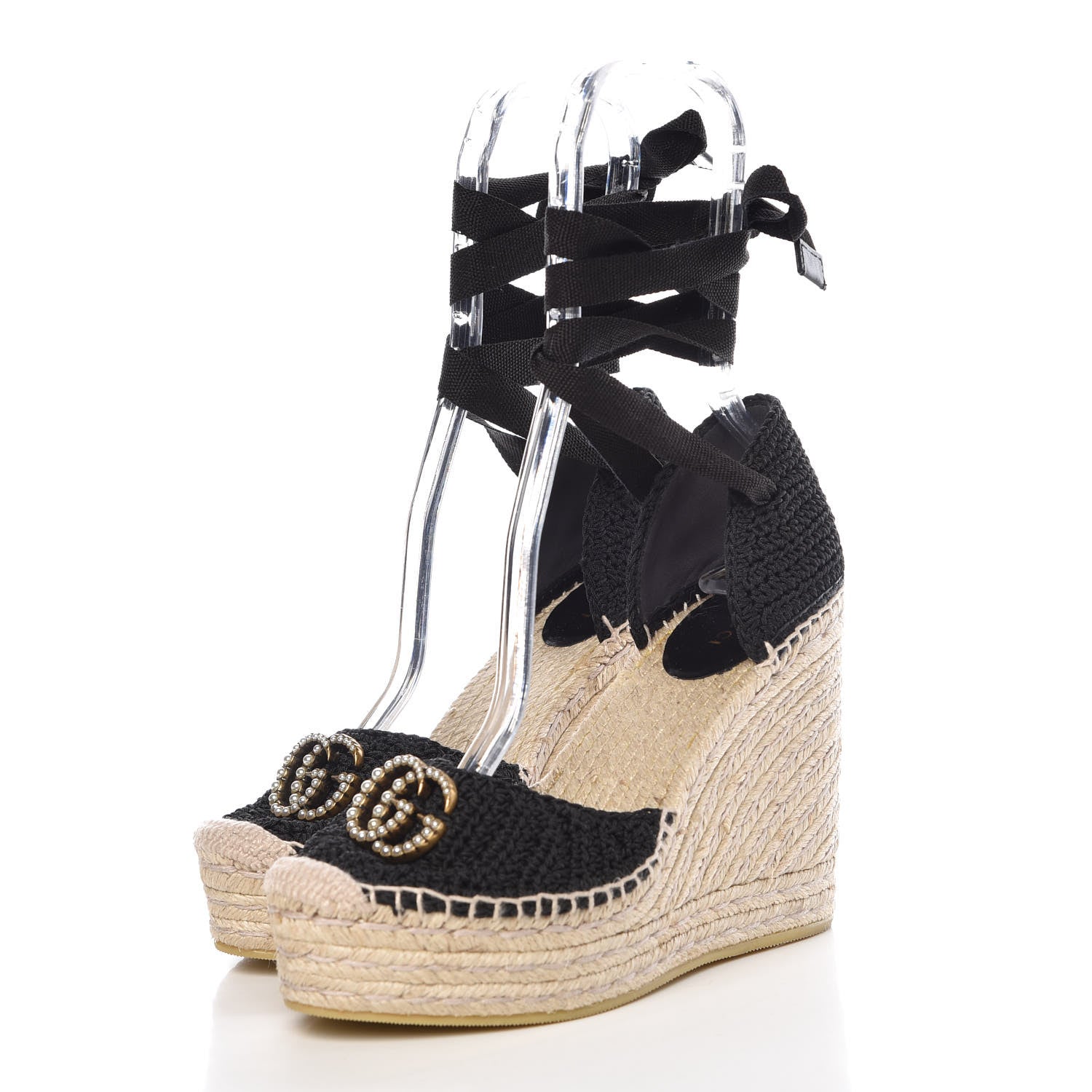 Gucci Cotton Crochet Pearly GG Ankle Wrap Platform Espadrille Wedges 37 Black 3 of 11