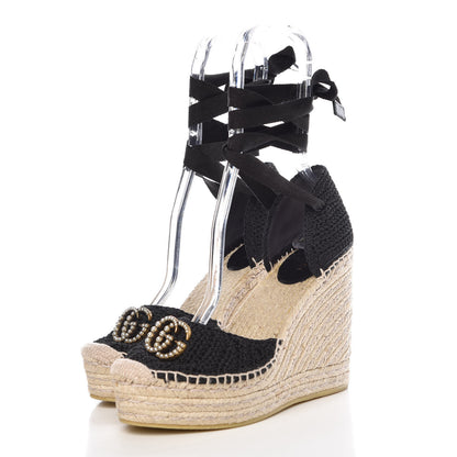Gucci Cotton Crochet Pearly GG Ankle Wrap Platform Espadrille Wedges 37 Black 3 of 11