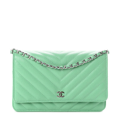 Chanel Caviar Chevron Quilted Wallet On Chain WOC Green 1 of 9