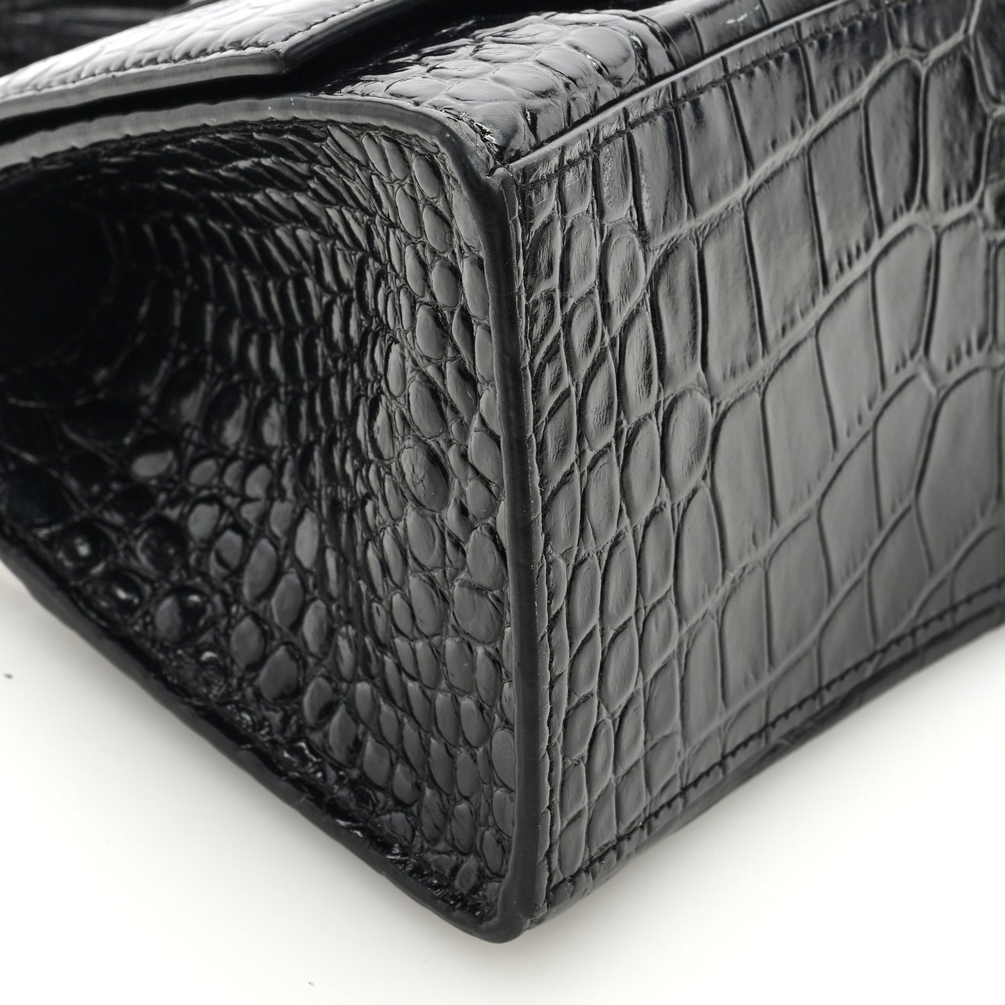 Shiny Calfskin Crocodile Embossed Small Hourglass Top Handle Bag Black