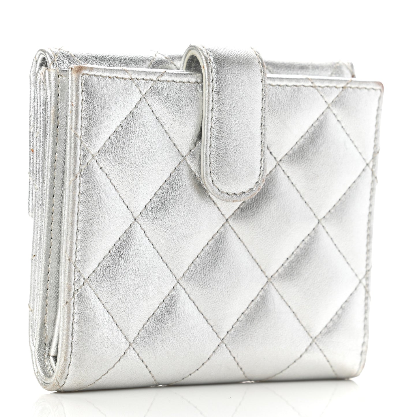 Metallic Lambskin Quilted Compact French Flap Wallet Silver