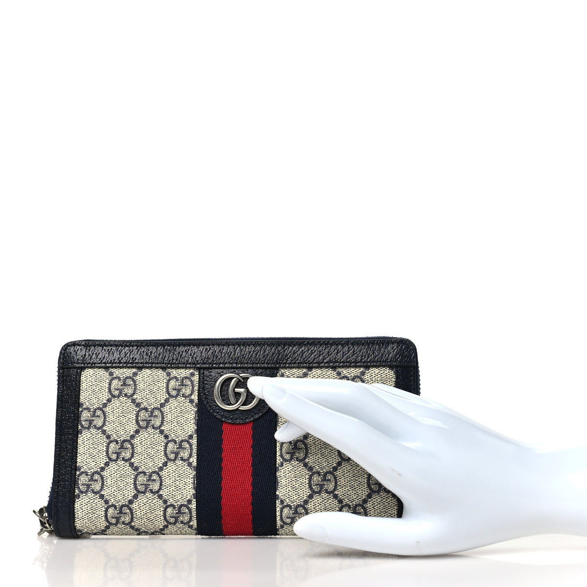 GG Supreme Monogram Textured Dollar Calfskin Web Ophidia Zip Around Wallet Beige Blue