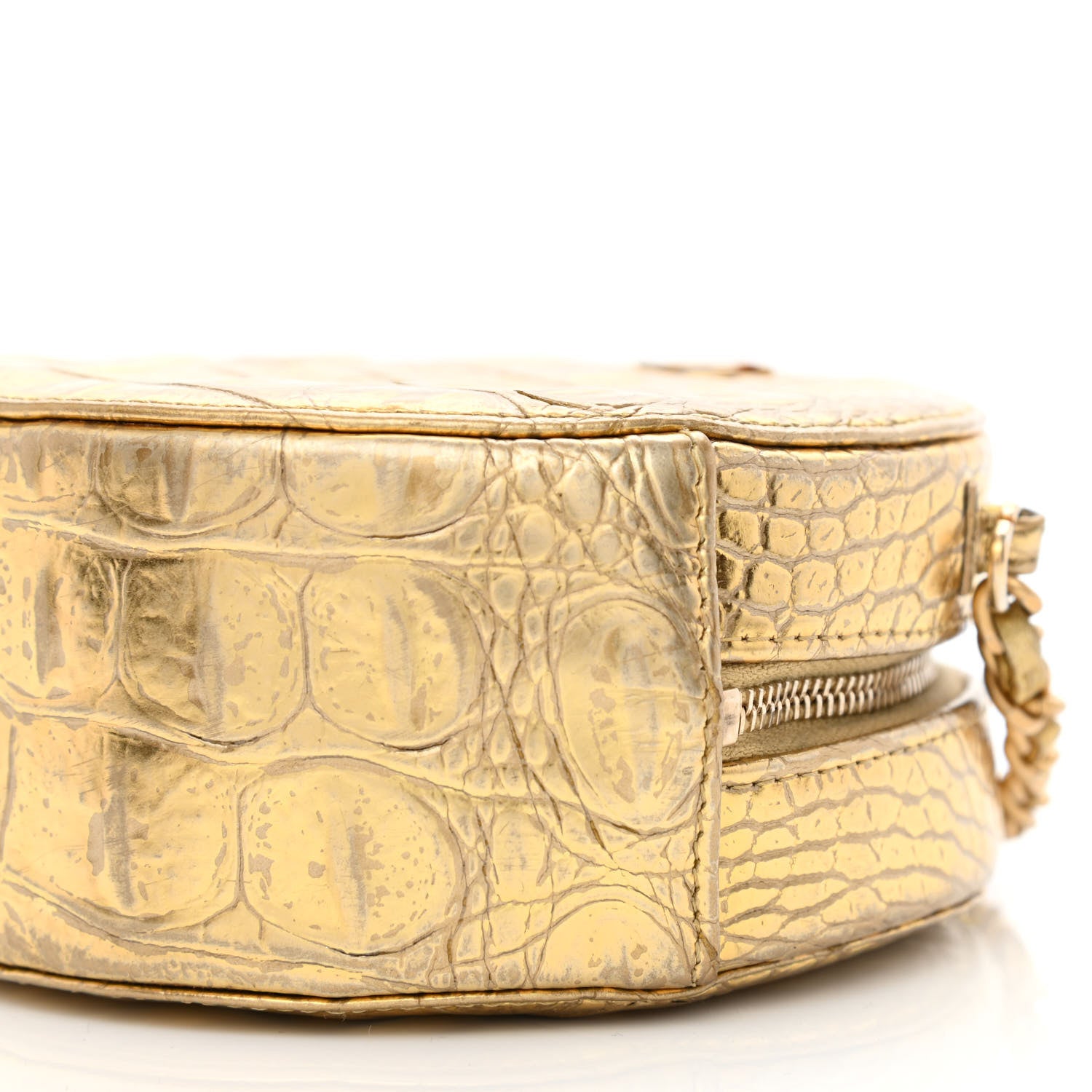 Chanel Metallic Calfskin Crocodile Embossed Cocodile Round Clutch with Chain Gold 18 of 18