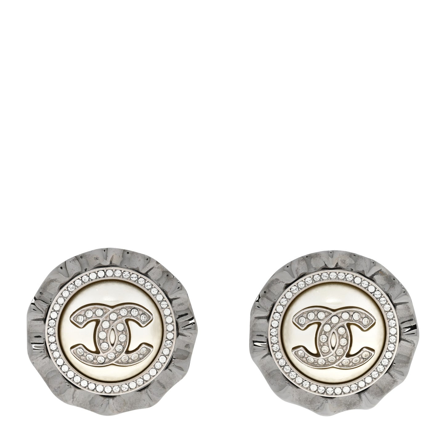 Pearl Crystal CC Round Earrings Silver