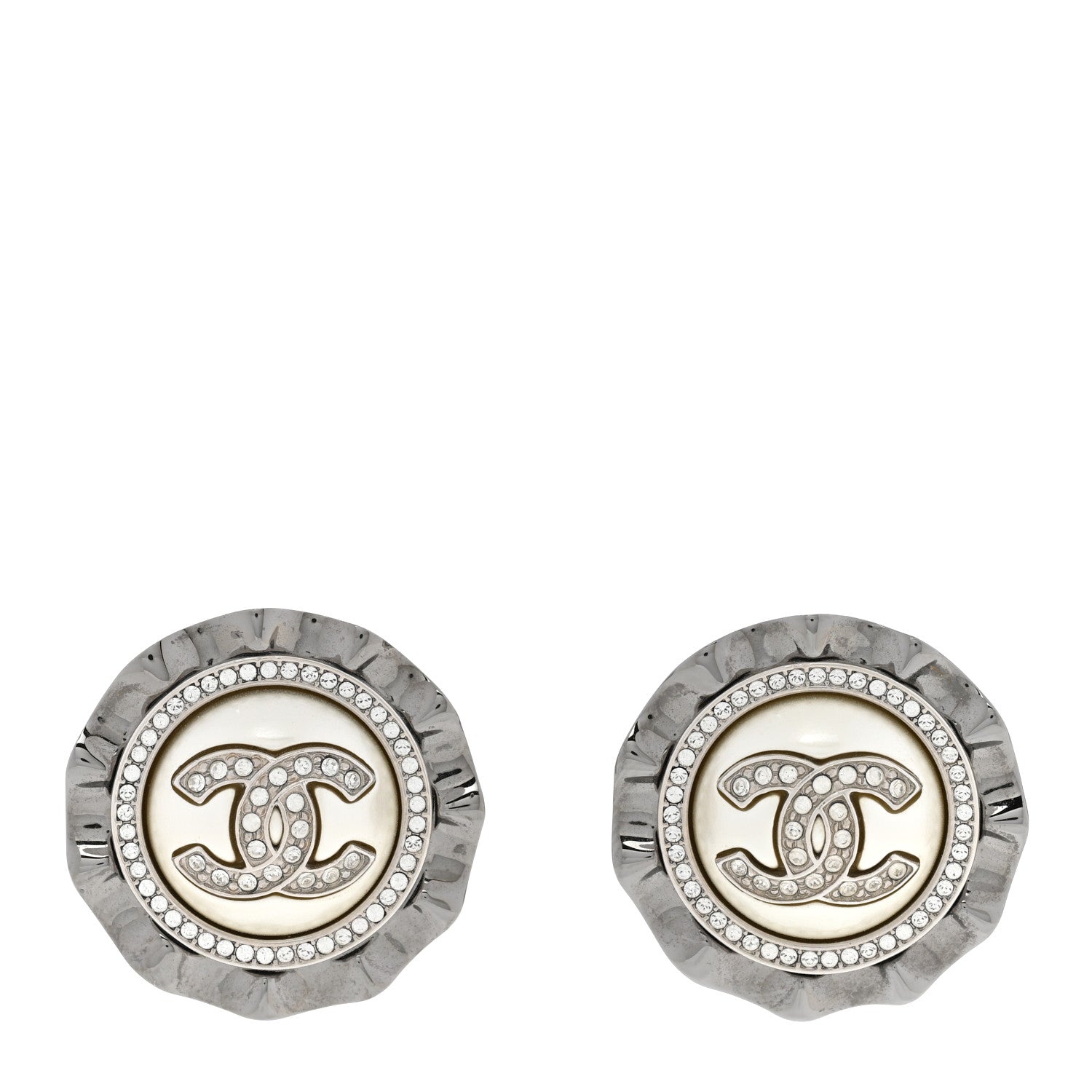Chanel Pearl Crystal CC Round Earrings Silver 1 of 7