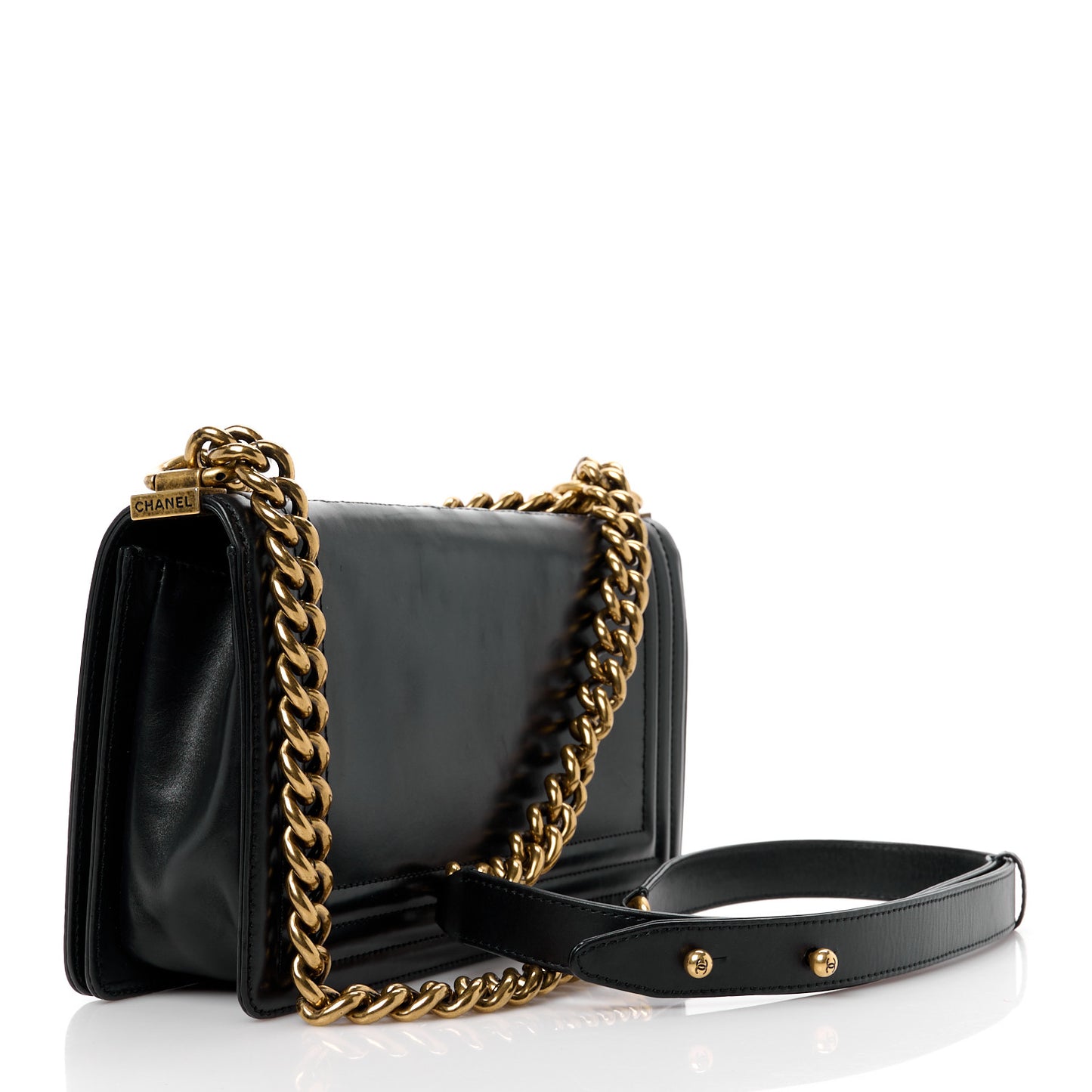 Glazed Calfskin Medium Boy Flap Black