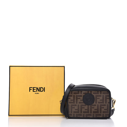 Fendi Glazed Fabric Vitello Century FF 1974 Stamp Patch Mini Camera Case Mogano Panna Black 11 of 11