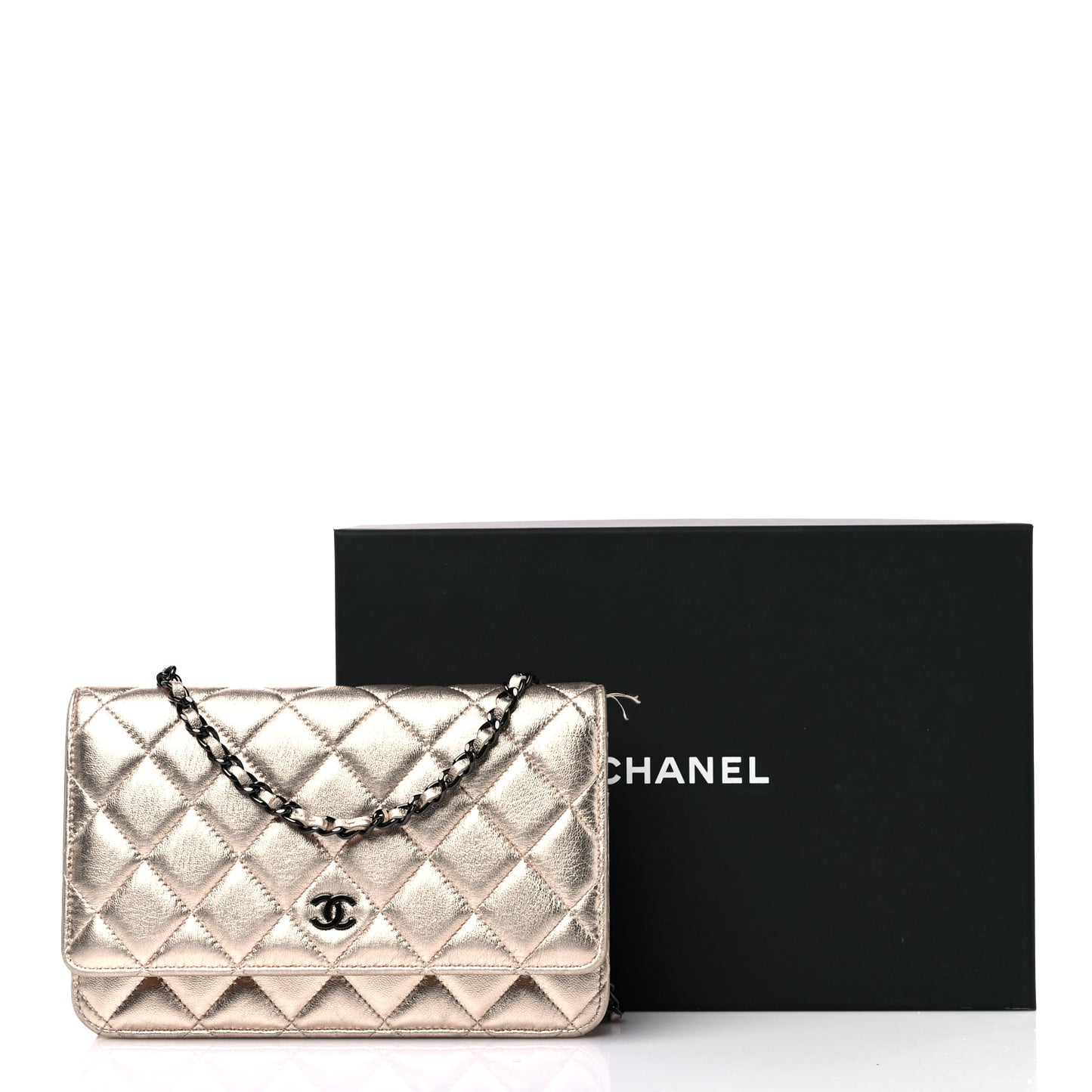 Metallic Lambskin Quilted Wallet On Chain WOC Gold Black