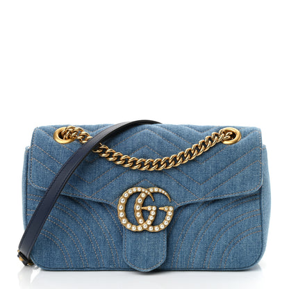 Gucci Denim Matelasse Small Pearly GG Marmont Shoulder Bag Blue 1 of 10