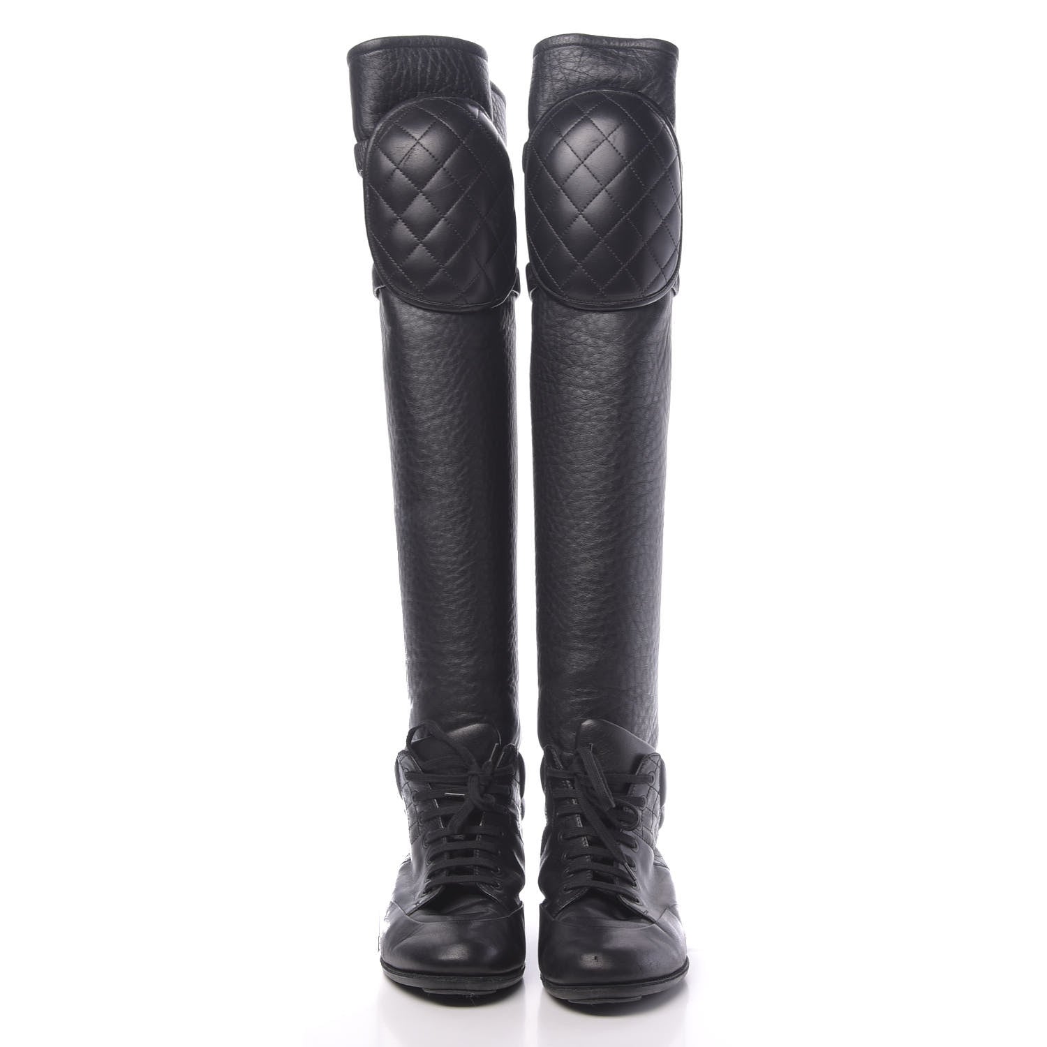 Chanel Calfskin Tumbled Lambskin Lace Up Knee High Sneaker Boots 37 Black 2 of 8