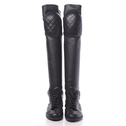 Chanel Calfskin Tumbled Lambskin Lace Up Knee High Sneaker Boots 37 Black 2 of 8