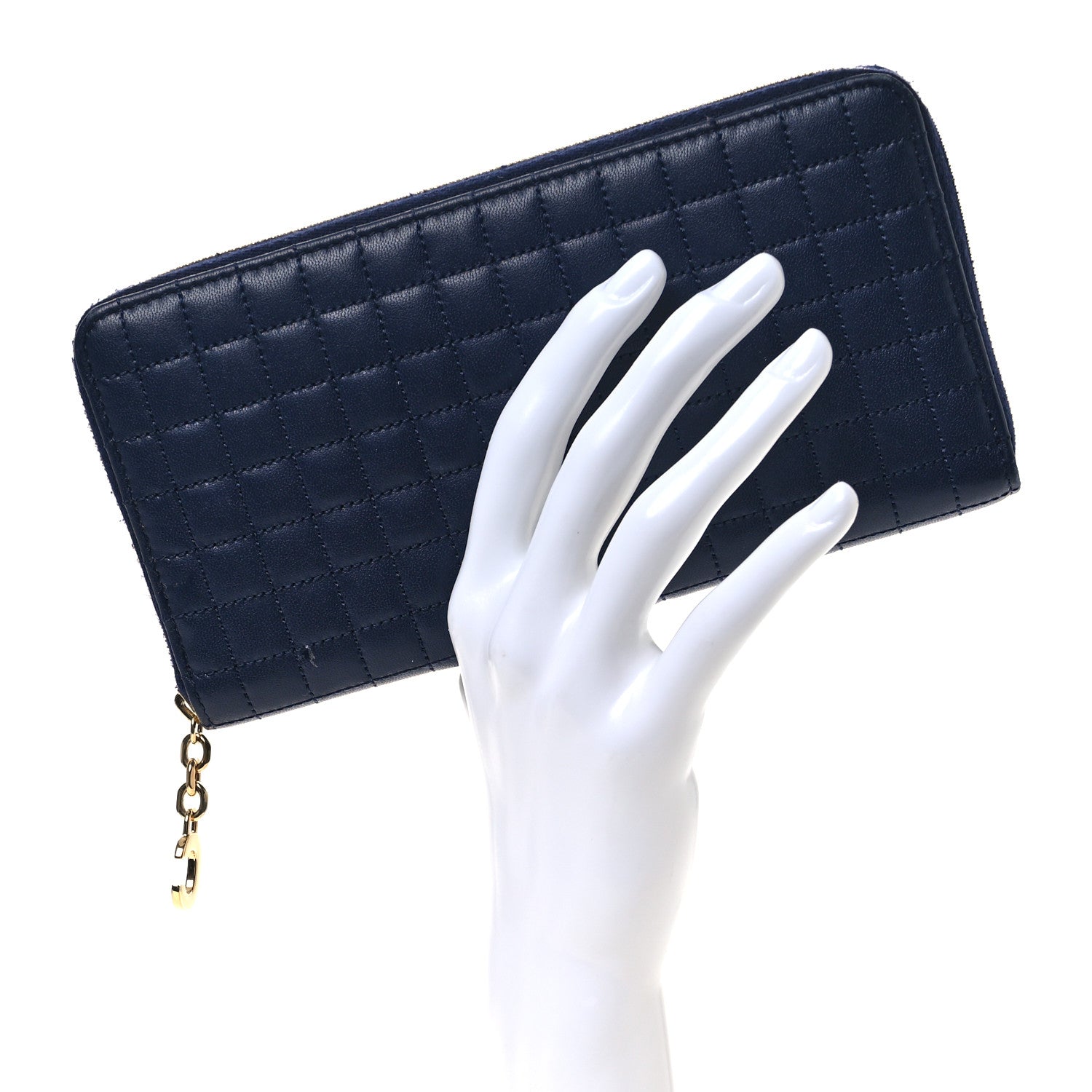 Celine Lambskin Quilted Large C Charm Zip Around Wallet Dark Blue