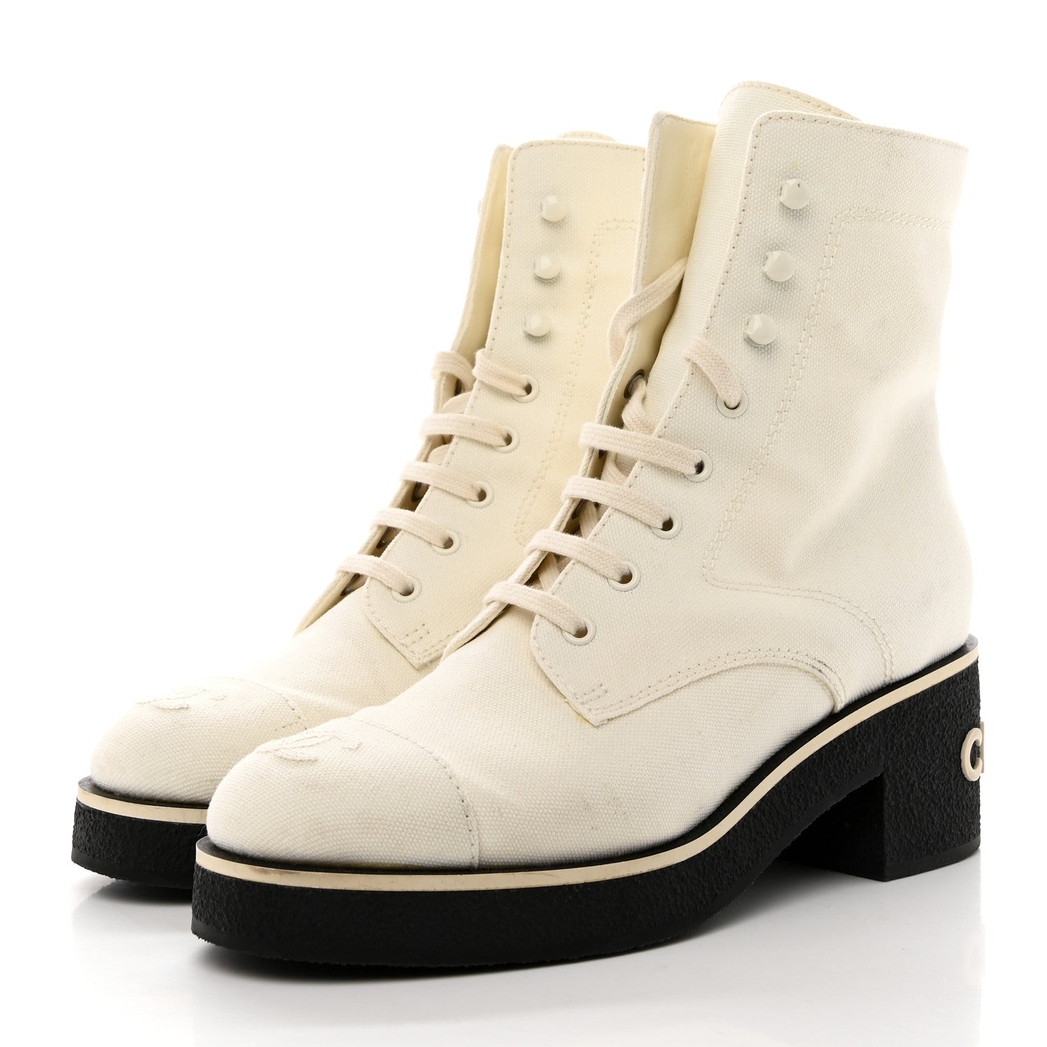 Chanel Fabric Lace Up Combat Boots 38.5 White 3 of 17
