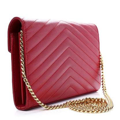 Saint Laurent Grain De Poudre Matelasse Chevron Monogram Chain Wallet Red 3 of 11