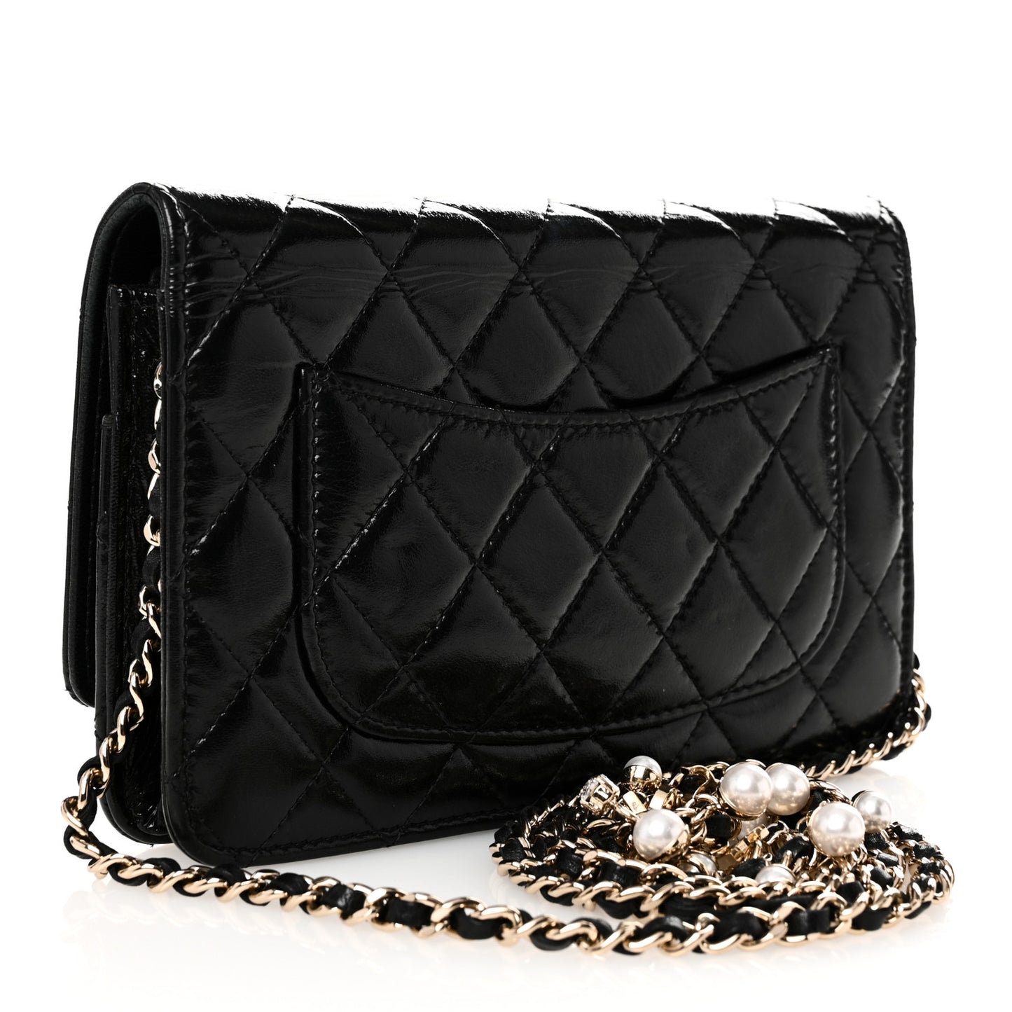 Shiny Calfskin Quilted Pearl Charms Wallet On Chain WOC Black