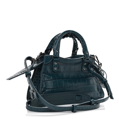 Balenciaga Calfskin Crocodile Embossed Neo Classic Silver Hardware Mini City Dark Petrol Blue 3 of 9