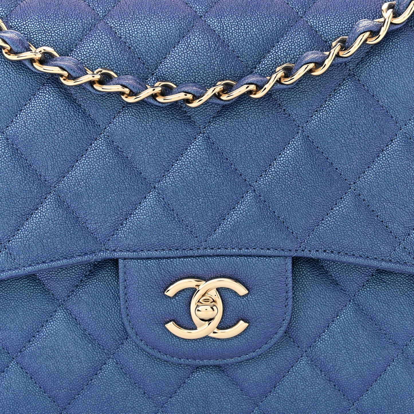 Iridescent Caviar Quilted Jumbo Double Flap Dark Blue