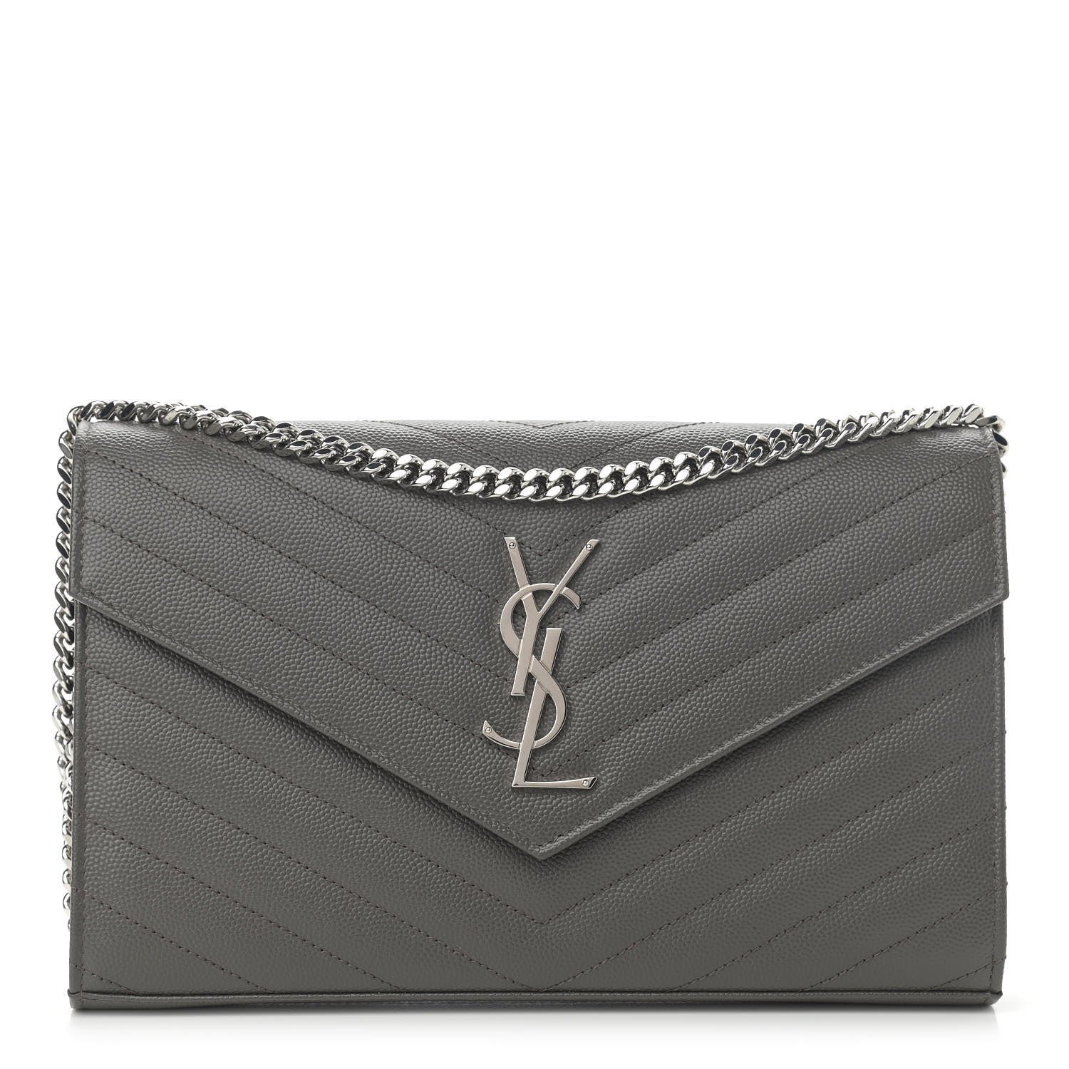 Saint Laurent Grain De Poudre Matelasse Chevron Monogram Chain Wallet Grey 1 of 10