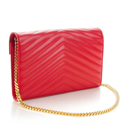 Saint Laurent Grain De Poudre Matelasse Chevron Monogram Chain Wallet Red 3 of 7