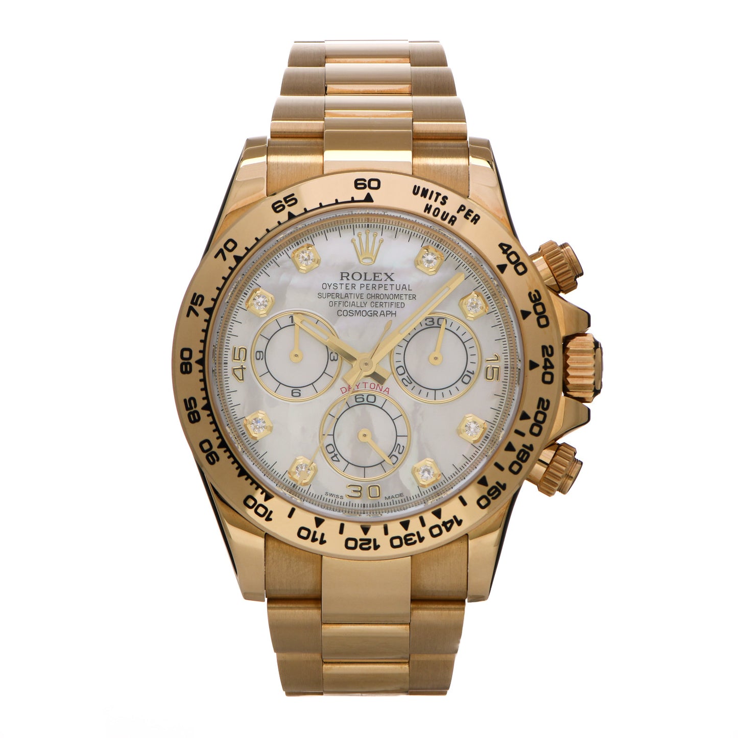 18K Yellow Gold Diamond Mother of Pearl 40mm Oyster Perpetual Cosmograph Daytona Watch 116508