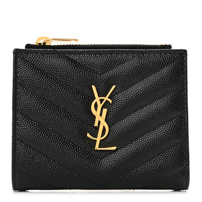 Saint Laurent Grain De Poudre Matelasse Chevron Monogram Zipped Card Case Black 1 of 8