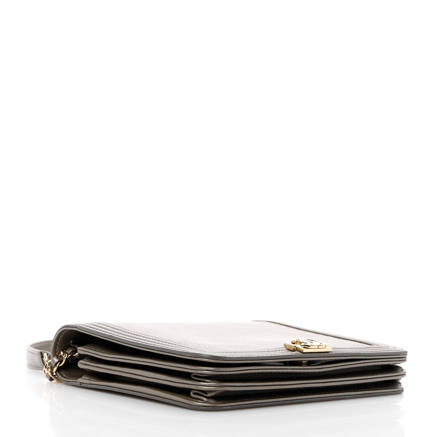 Chanel Metallic Lizard Lambskin Boy Square Wallet On Chain WOC Dark Khaki 4 of 14