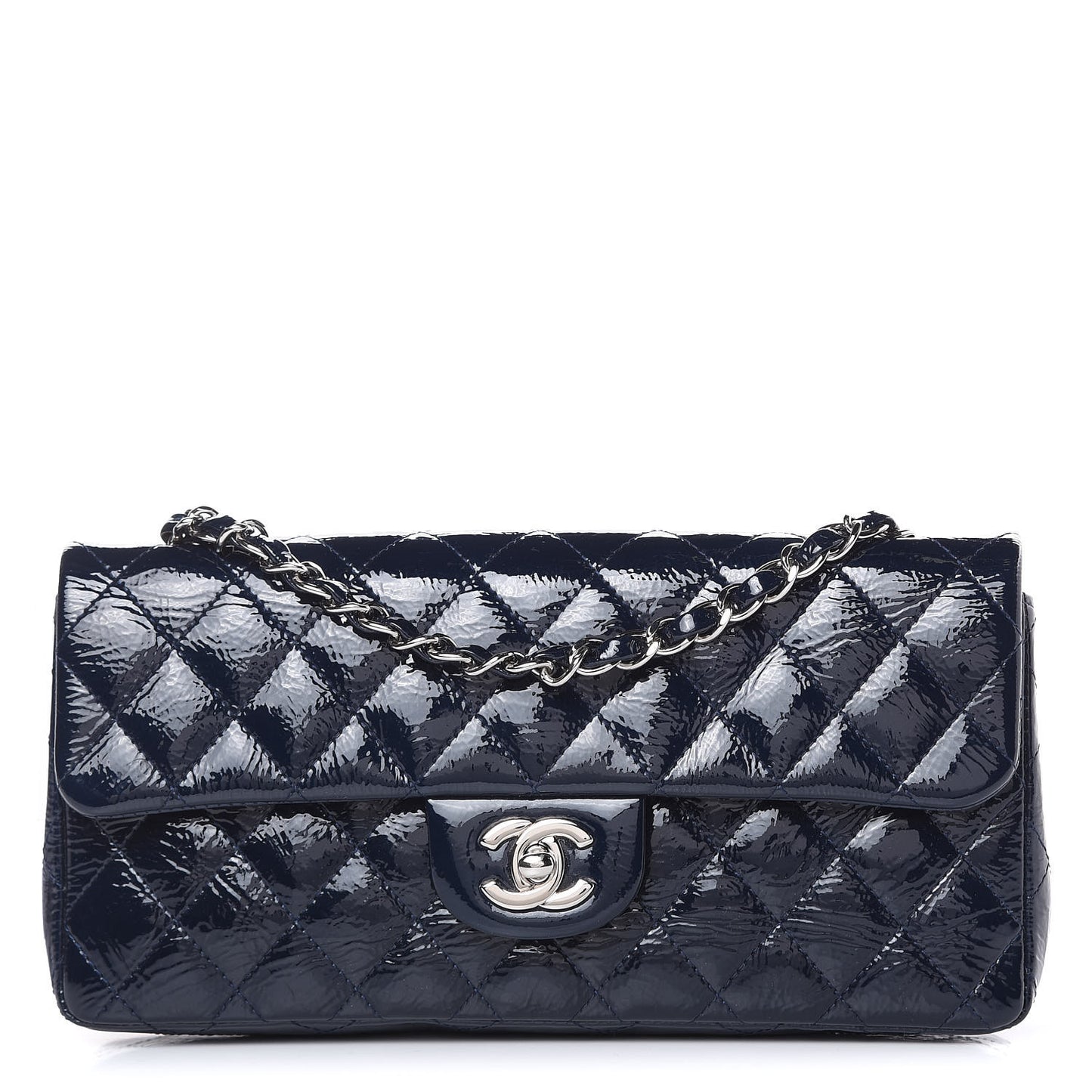 Distressed Patent Quilted East West Flap Navy Blue