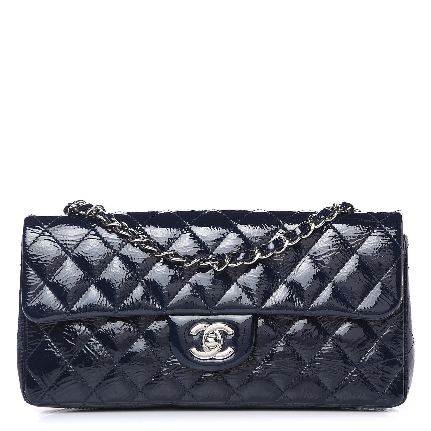 Chanel Distressed Patent Quilted East West Flap Navy Blue 1 of 15
