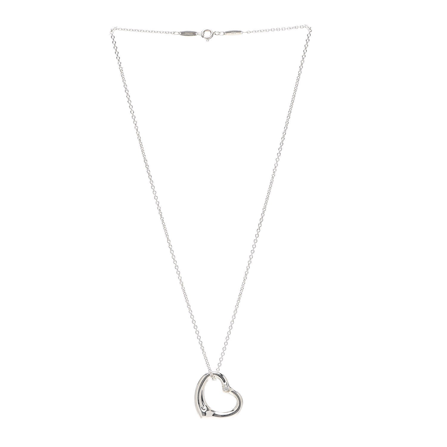 Tiffany Sterling Silver Diamond 22mm Elsa Peretti Open Heart Pendant Necklace 3 of 8