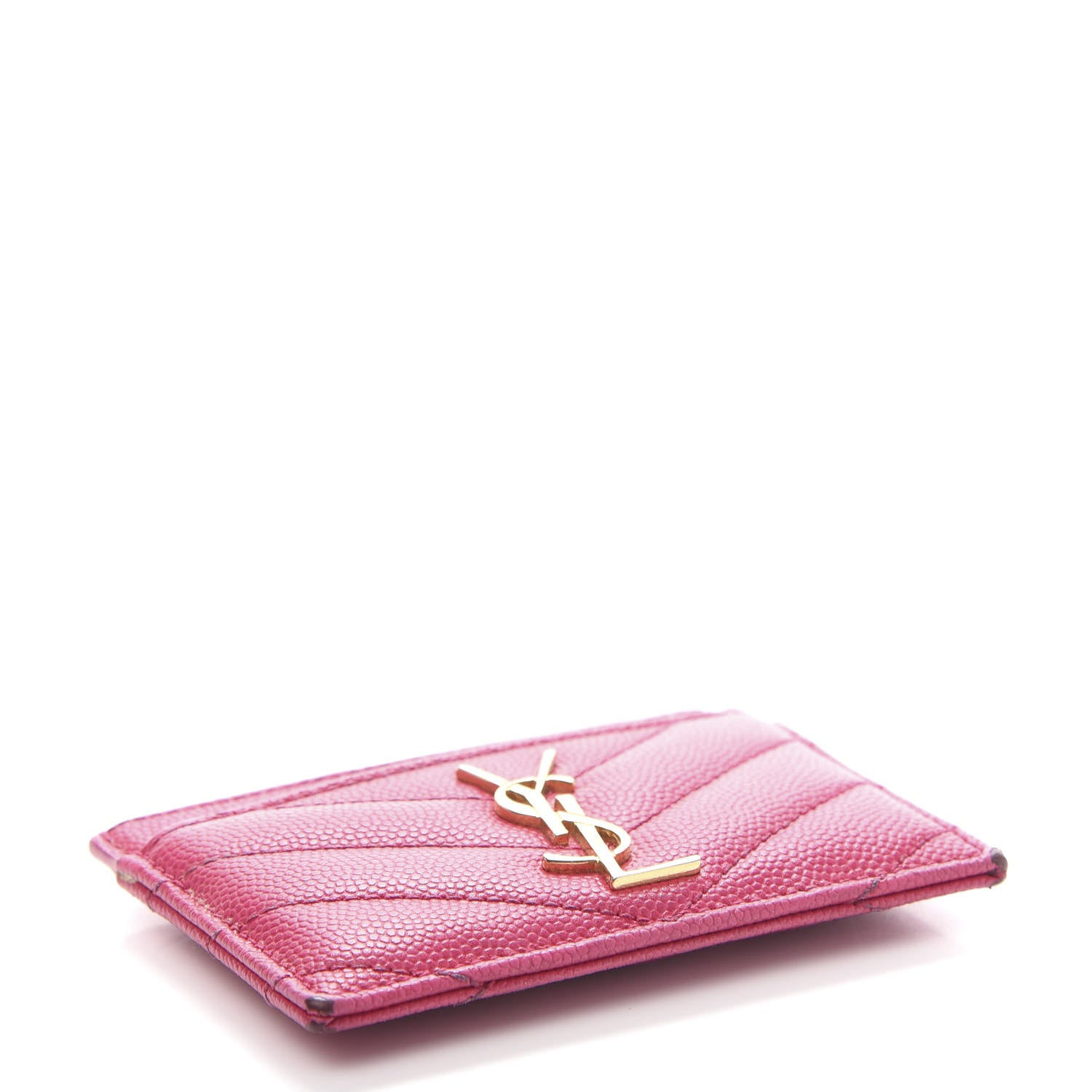 Saint Laurent Grain De Poudre Matelasse Chevron Monogram Credit Card Case Lipstick Fuchsia 4 of 10