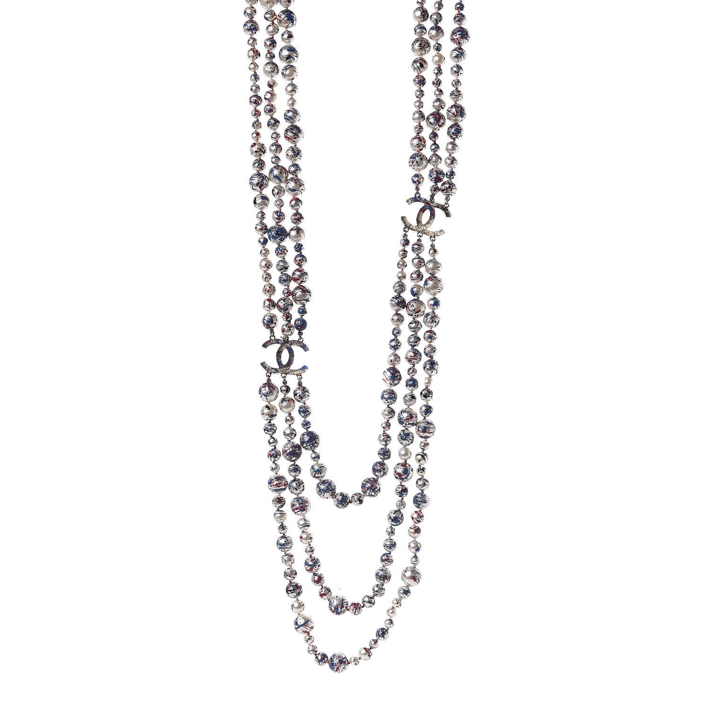 Painted Pearl CC Long Multi Strand Necklace Gold Black Red Blue