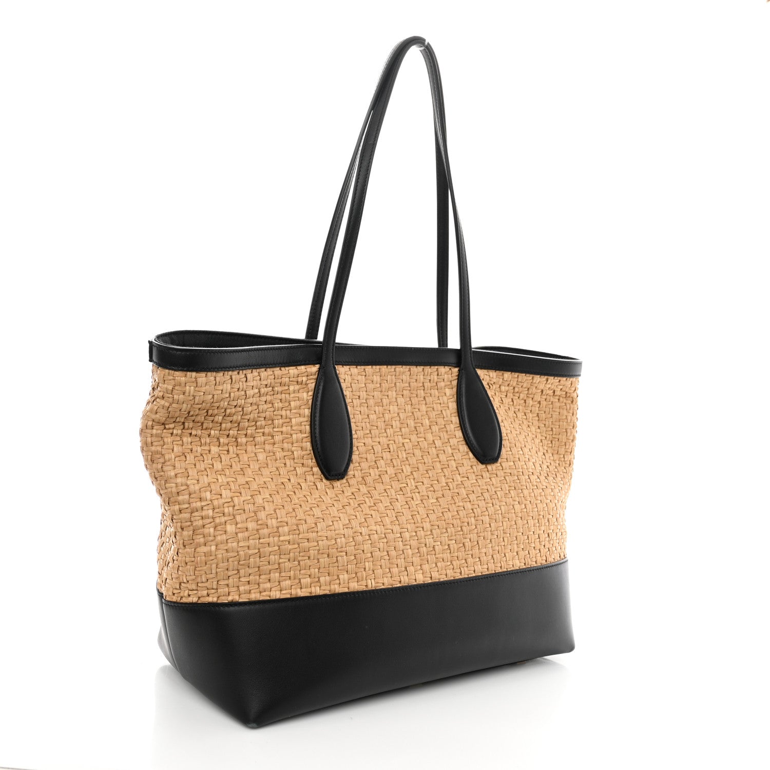 Salvatore Ferragamo Woven Raffia Calfskin The Studio Tote Beige Black 4 of 10