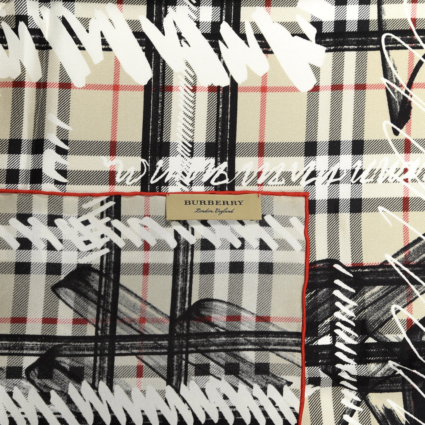 Silk Vintage Check Scribble Print Scarf Stone