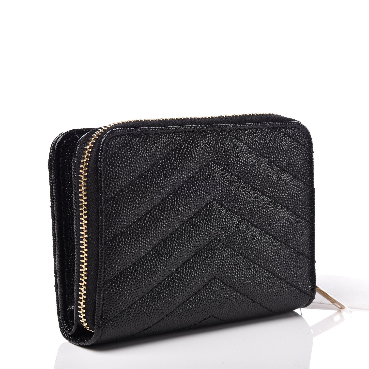 Saint Laurent Grain De Poudre Matelasse Chevron Monogram Compact Zip Around Wallet Black 3 of 7