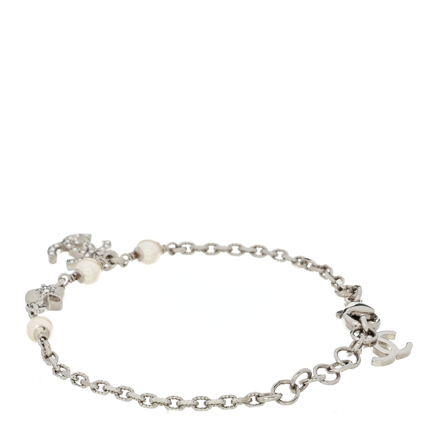 Metal Pearl Resin Crystal CC Bracelet  Silver White