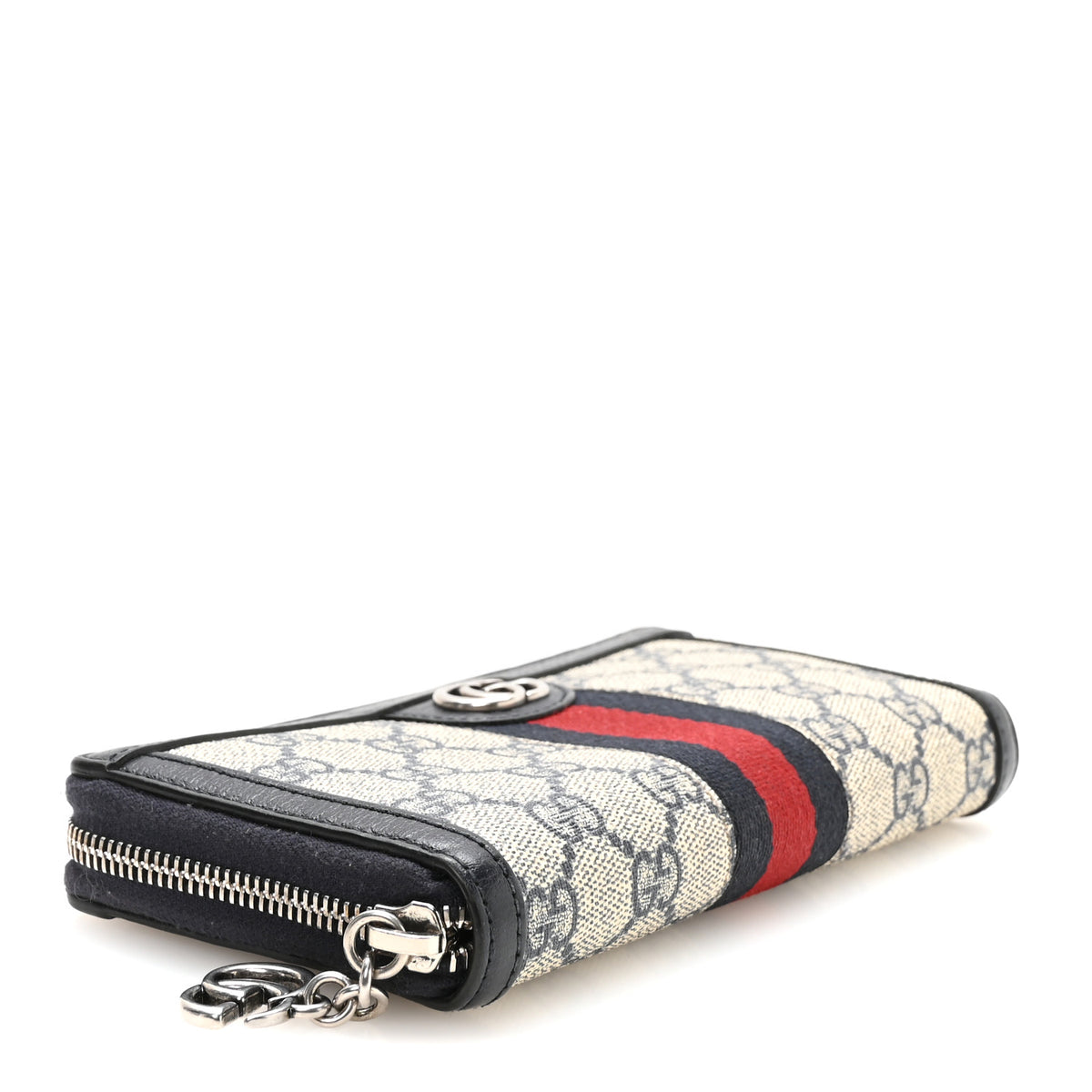 GG Supreme Monogram Textured Dollar Calfskin Web Ophidia Zip Around Wallet Beige Blue