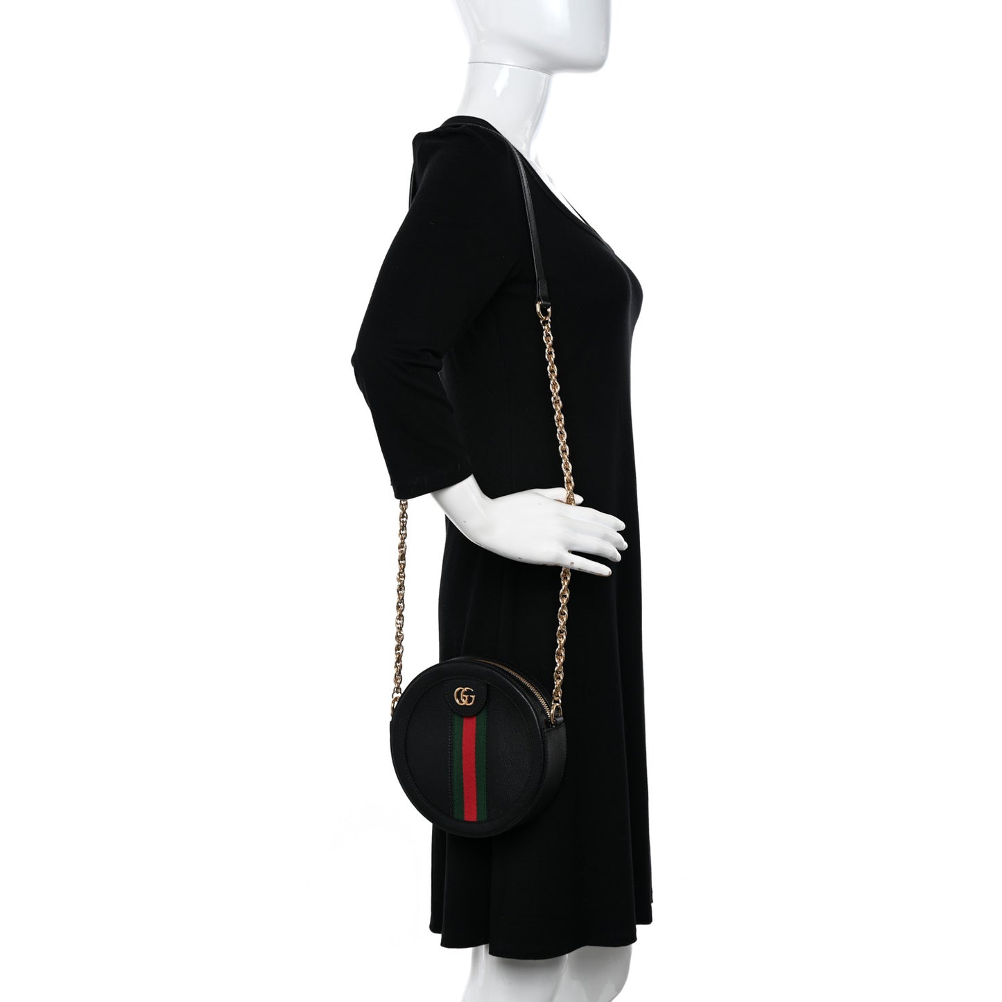 Grained Calfskin Web Mini Ophidia Round Shoulder Bag Black