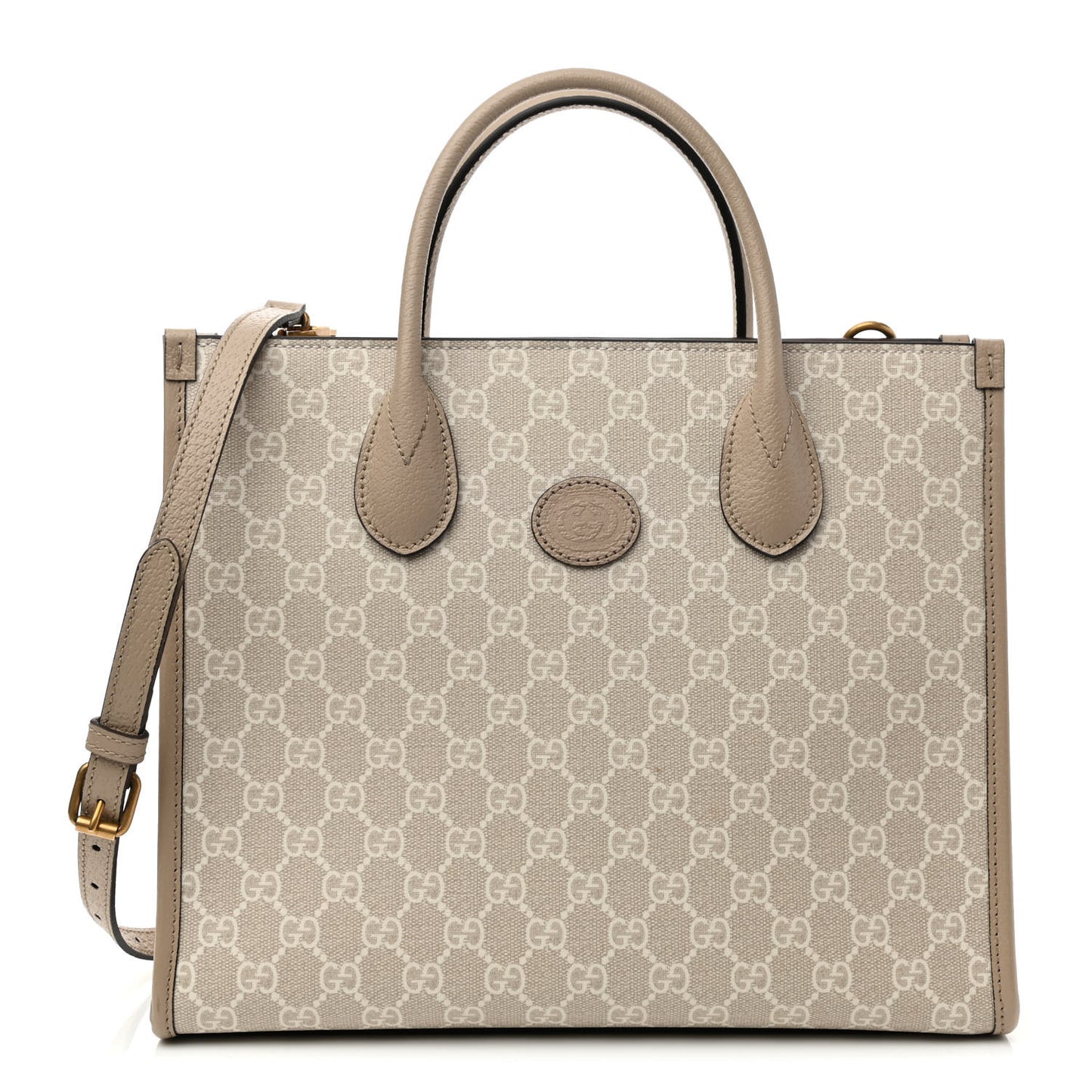 GG Supreme Monogram Textured Dollar Calfskin Small Retro Interlocking G Tote Bag Beige Mystic White Oatmeal