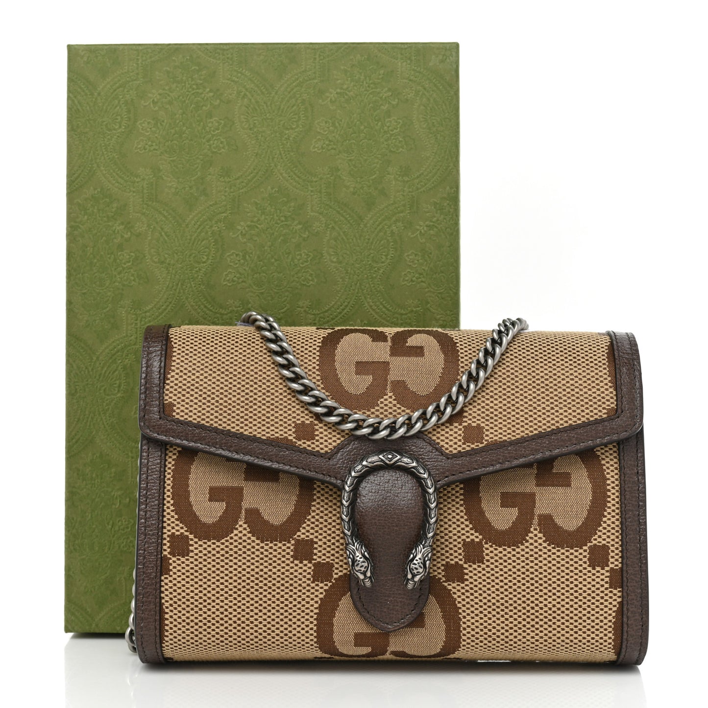 Monogram Jumbo GG Textured Dollar Calfskin Mini Dionysus Chain Wallet Camel Ebony New Acero