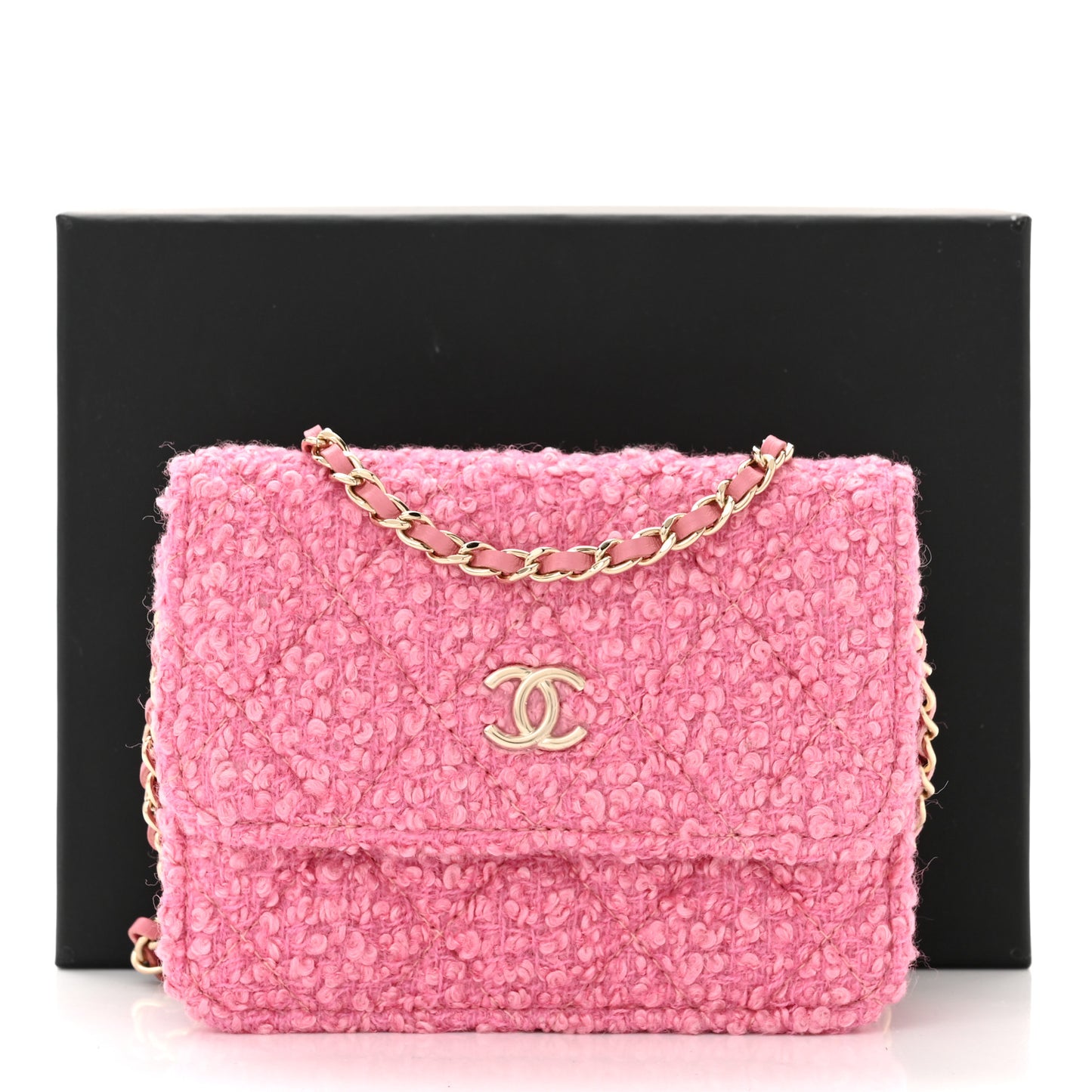 Tweed Quilted Flap Chain Waist Bag Pink