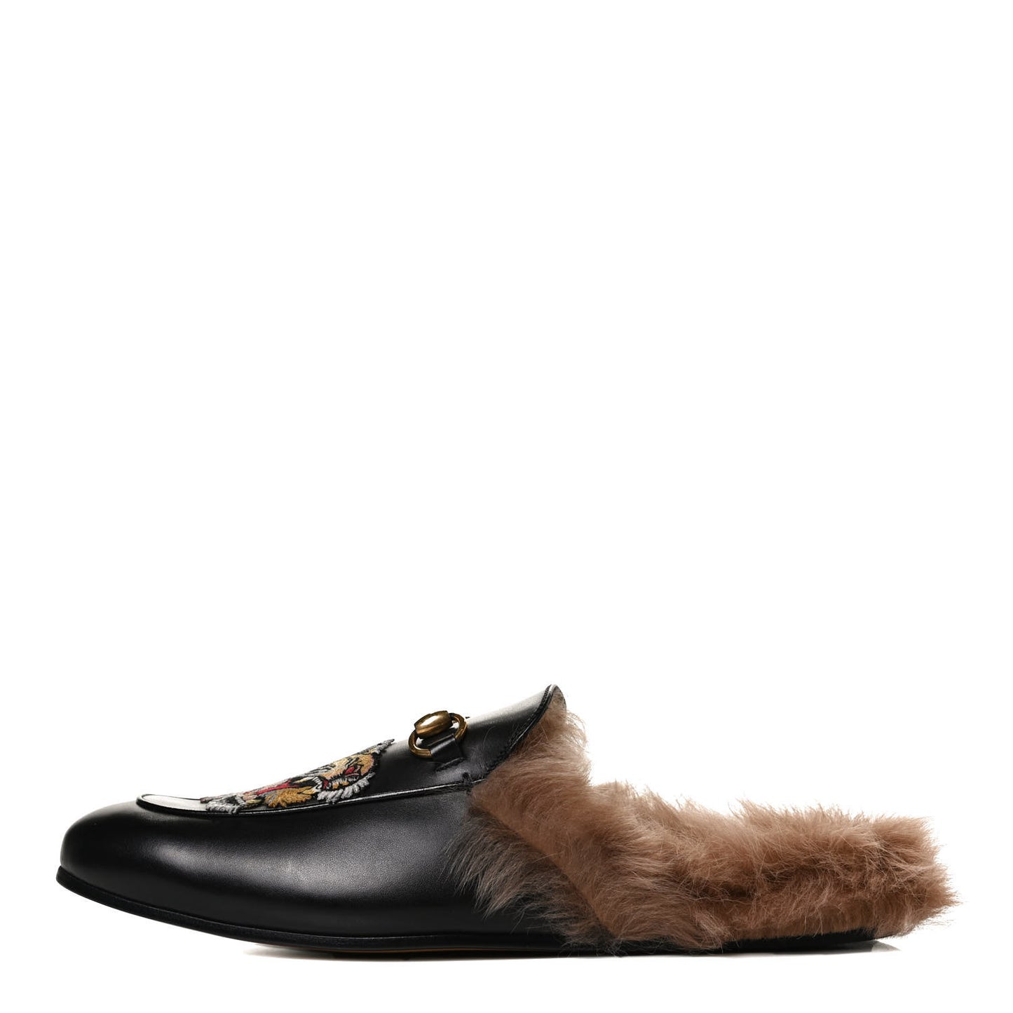 Calfskin Fur Tiger Embroidered Mens Princetown Slippers 9.5 Black